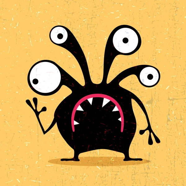 Cute black monster with emotions on grunge yellow background. — Stock Vector