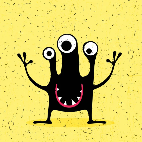 Cute black monster with emotions on grunge yellow background. — Stock Vector