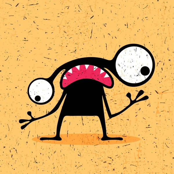 Cute black monster with emotions on grunge yellow background. — Stock Vector