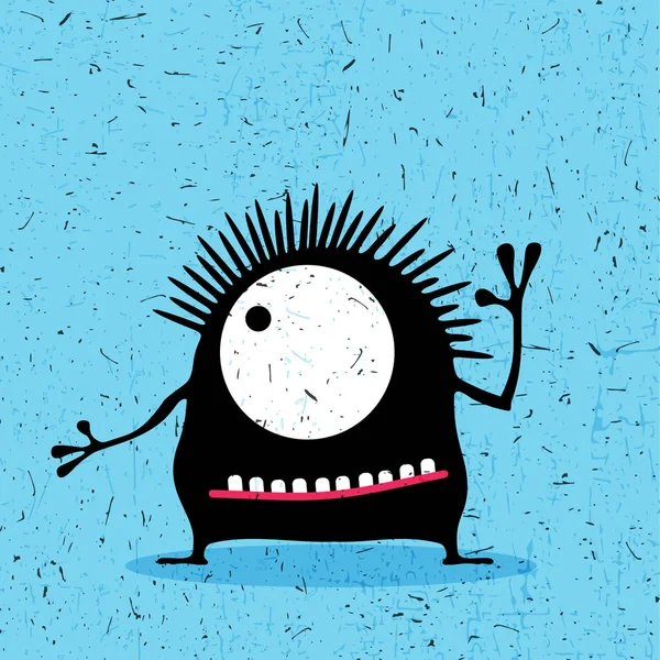 Monstruo negro lindo con emociones sobre fondo azul grunge . — Vector de stock