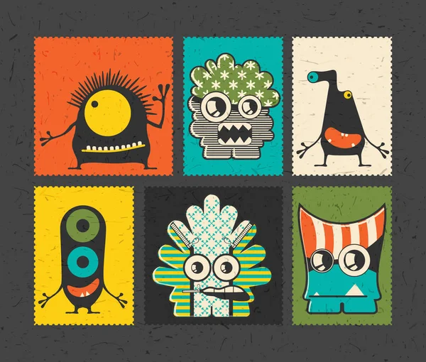 Set de six timbres postaux rétro avec des monstres drôles sur fond de couleur différente . — Image vectorielle