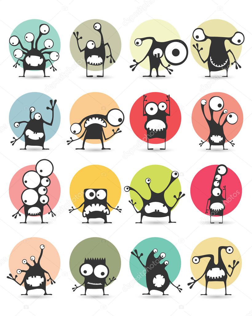 Set of sixteen color stickers with cute monsters. Cartoon illustration. Vector set