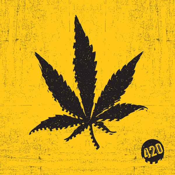 Zwarte cannabis blad en 420 ondertekenen op gele grunge achtergrond — Stockvector