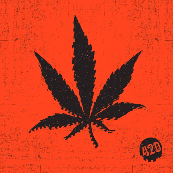 Hoja de cannabis negra y signo 420 sobre fondo grunge rojo — Vector de stock