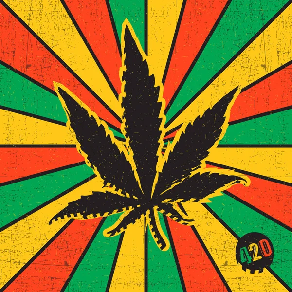 Folha de cannabis preta e sinal 420 em rastafarian bandeira grunge fundo — Vetor de Stock