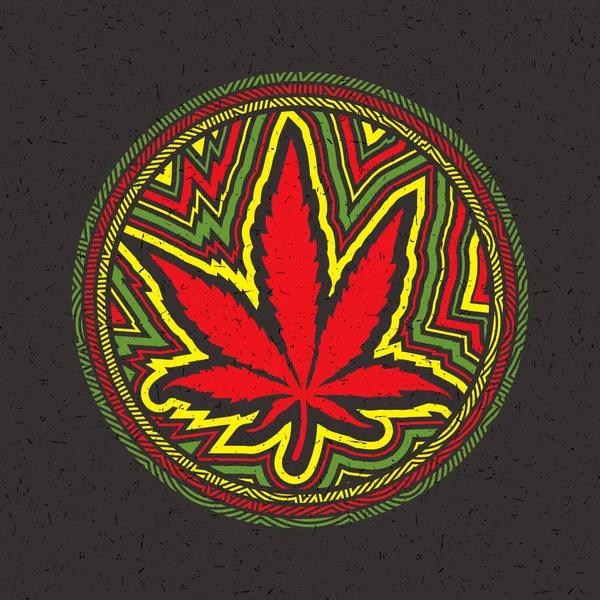 Foglia di cannabis rossa in cerchio con strisce di colore su sfondo nero grunge — Vettoriale Stock