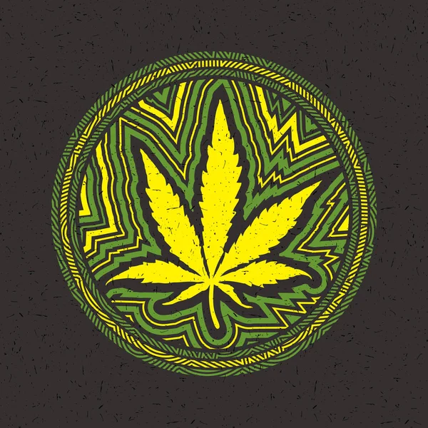Foglia di cannabis gialla in cerchio con strisce di colore su sfondo nero grunge — Vettoriale Stock