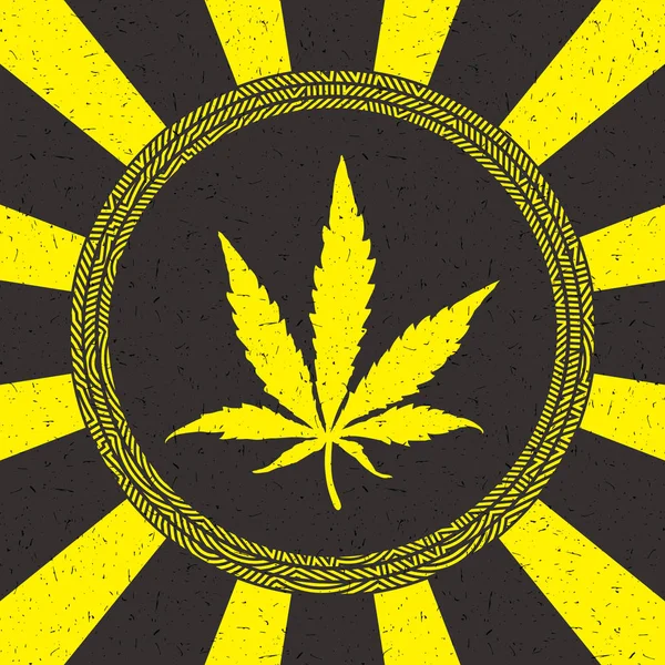 Foglia di cannabis gialla in cerchio con strisce su sfondo nero grunge — Vettoriale Stock