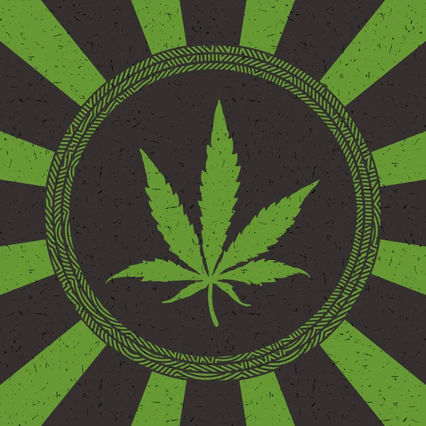 Foglia di cannabis verde in cerchio con strisce su sfondo nero grunge — Vettoriale Stock