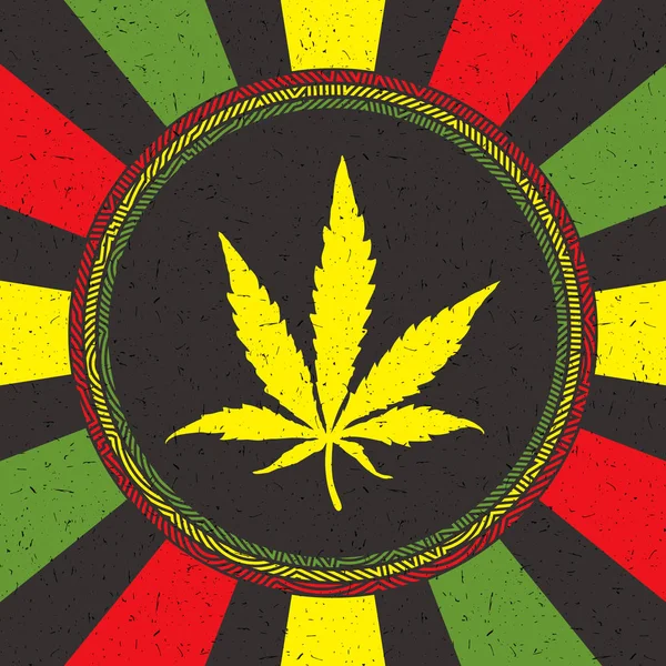 Gele cannabis blad in cirkel met strips op Rastafari grunge achtergrond — Stockvector