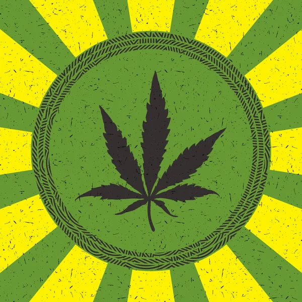 Feuille de cannabis noire en cercle avec bandes sur fond jaune grunge — Image vectorielle