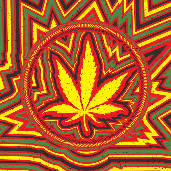 Foglia di cannabis gialla in cerchio e strisce di colore con forme grunge — Vettoriale Stock