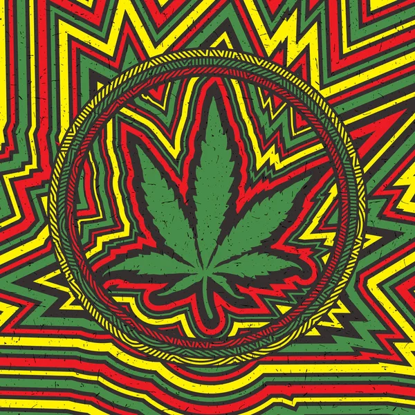 Feuille de cannabis verte en cercle et bandes de couleur avec des formes grunge — Image vectorielle