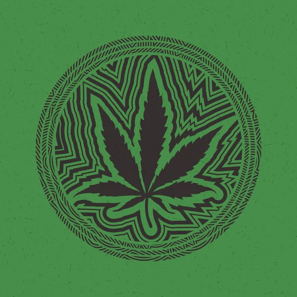 Folha de cannabis preta em círculo com tiras isoladas em fundo grunge verde — Vetor de Stock