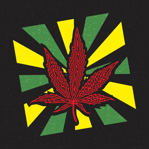 Feuille de cannabis rouge à l'intérieur bandes jaunes et vertes sur fond noir grunge — Image vectorielle