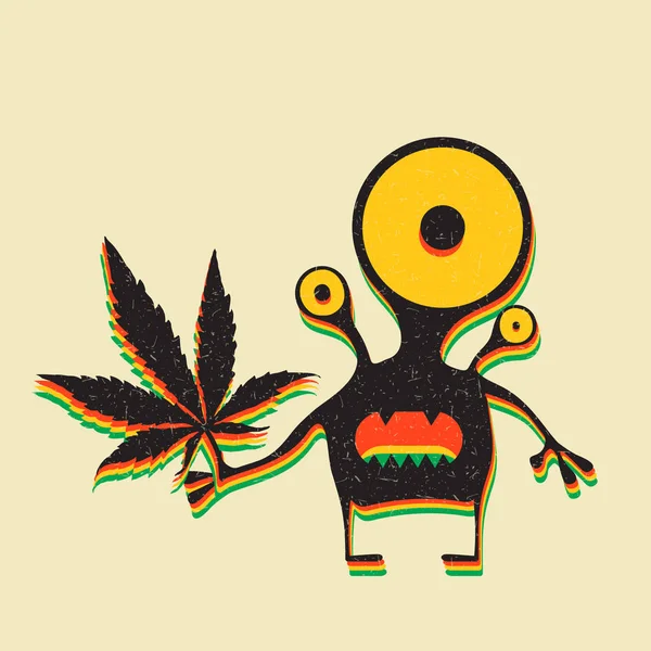Sevimli canavar grunge sarı arka plan üzerinde marihuana yaprağı. — Stok Vektör
