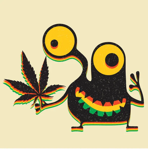 Cute monster with marijuana leaf on grunge yellow background. — Stock Vector