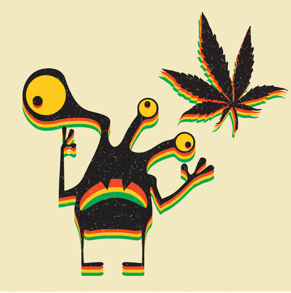Cute monster with marijuana leaf on grunge yellow background. 