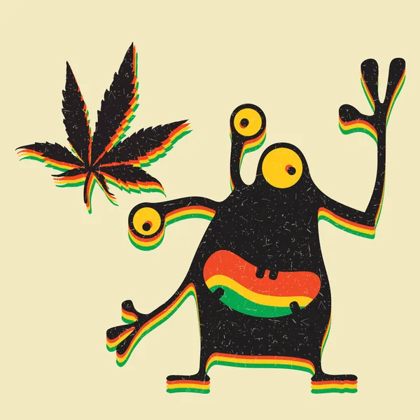 Monstro bonito com folha de maconha no fundo amarelo grunge . — Vetor de Stock