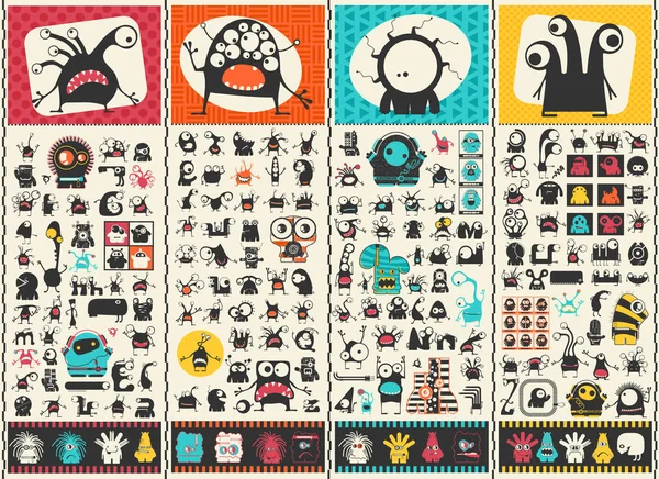 Una grande serie di mostri carini. Personaggi colorati adesivi. Poster con divertenti umanoidi. Illustrazione dei cartoni animati per uso diverso . — Vettoriale Stock