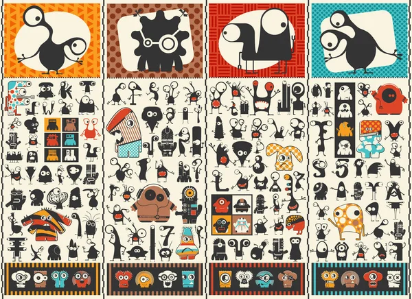 Sevimli Canavarlar büyük kümesi. Renkli karakterler çıkartmaları. Komik lardan poster. Karikatür çizimi farklı kullanım için. 