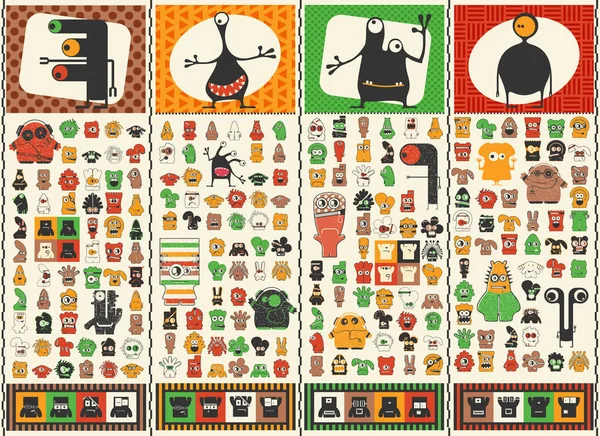 Gros ensemble de monstres mignons. Stickers personnages colorés. Affiche avec des humanoïdes drôles. Illustration de bande dessinée pour différents usages . — Image vectorielle