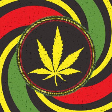 Yelllow esrar yaprak ile siyah daire rastafarian grunge arka plan üzerinde şeritler