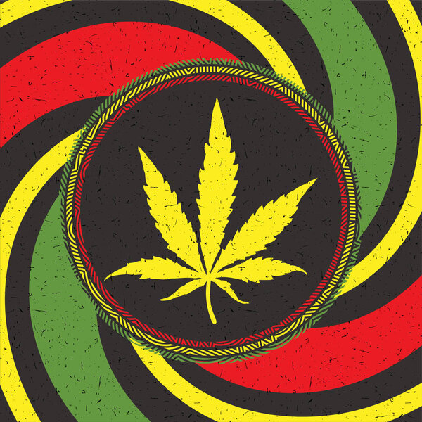Yelllow cannabis leaf in black circle with strips on rastafarian grunge background