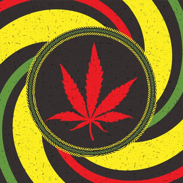 Rotes Cannabisblatt im schwarzen Kreis mit Streifen auf rastafarischem Grunge-Hintergrund — Stockvektor