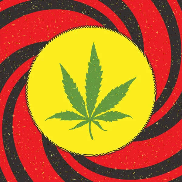 Feuille de cannabis verte en cercle jaune avec bandes sur fond rouge grunge — Image vectorielle