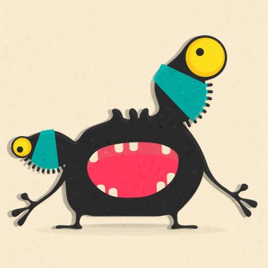 Retro grunge arka plan üzerinde duygularla sevimli siyah canavar. 