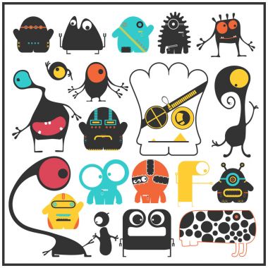 Sevimli Canavarlar üzerinde beyaz izole kümesi. 