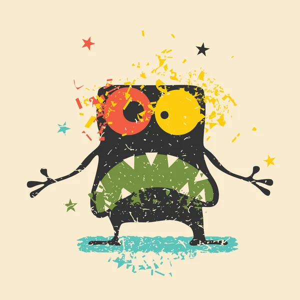 Monstruo negro lindo con emociones sobre fondo grunge retro . — Vector de stock