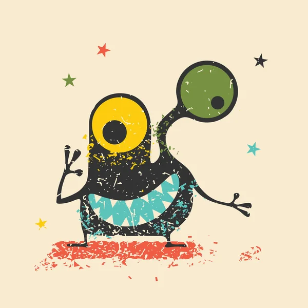 Schattig zwarte monster met emoties op retro grunge achtergrond. — Stockvector