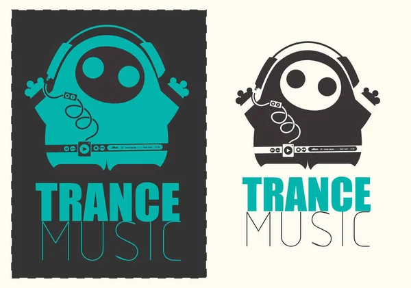 Zabawny potwór z odtwarzacza audio słuchania muzyki Trance w słuchawkach. — Wektor stockowy