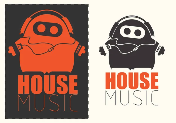 Monstruo divertido con reproductor de audio escuchando música House en auriculares . — Vector de stock