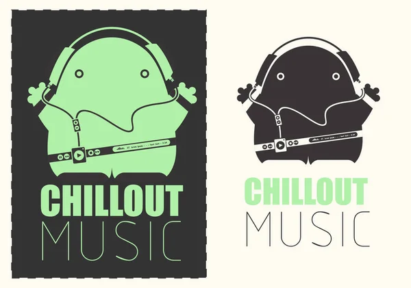 Mostro divertente con lettore audio che ascolta musica Chillout in cuffia . — Vettoriale Stock