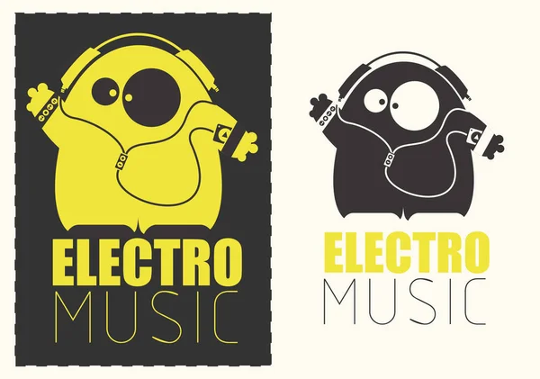 Funny monster met audiospeler luisteren Electro muziek in hoofdtelefoons. — Stockvector