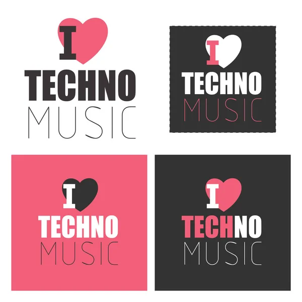 Fyra snygga klistermärken ”I love technomusik”, med olika färger. — Stock vektor