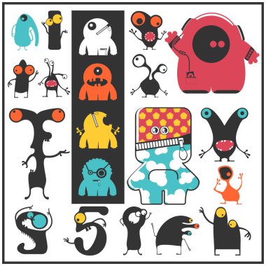 Sevimli Canavarlar üzerinde beyaz izole kümesi. 