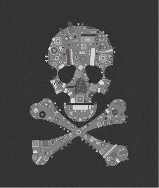 Karanlık grunge arka plan üzerinde endüstriyel elemanları ile metalik gri buhar punk kafatası. 