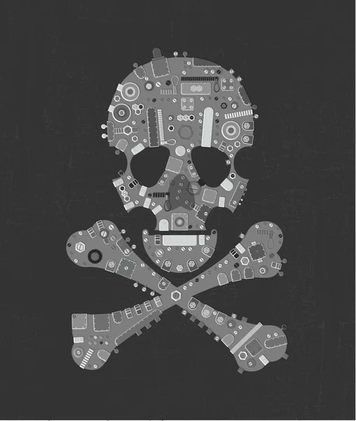 金属灰色蒸汽朋克头骨与黑暗 grunge 背景上的工业元素. — 图库矢量图片