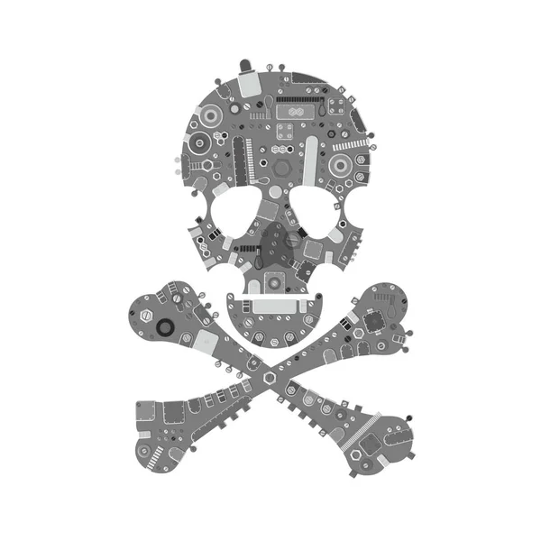 Metallisch grauer Dampfpunk-Totenkopf mit industriellen Elementen auf weißem Grunge-Hintergrund. — Stockvektor