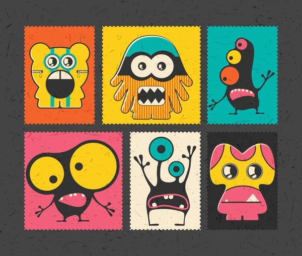 Set de six timbres postaux rétro avec des monstres drôles — Image vectorielle
