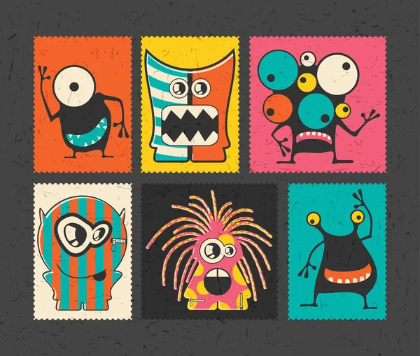 Set of six retro postage`s stamp with funny monsters — Stock Vector