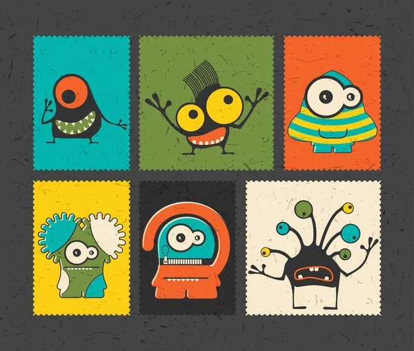 Set de six timbres postaux rétro avec des monstres drôles — Image vectorielle