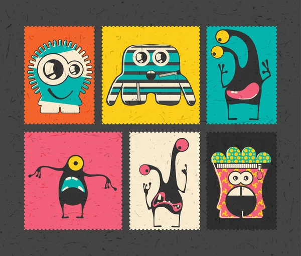 套六复古邮资邮票与有趣的怪物 — 图库矢量图片