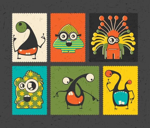 Set de seis sellos de franqueo retro con divertidos monstruos — Archivo Imágenes Vectoriales