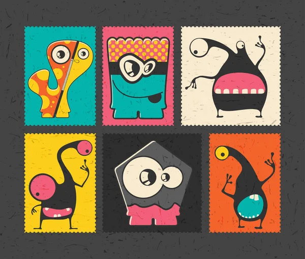 Serie von sechs Retro-Briefmarken mit lustigen Monstern — Stockvektor