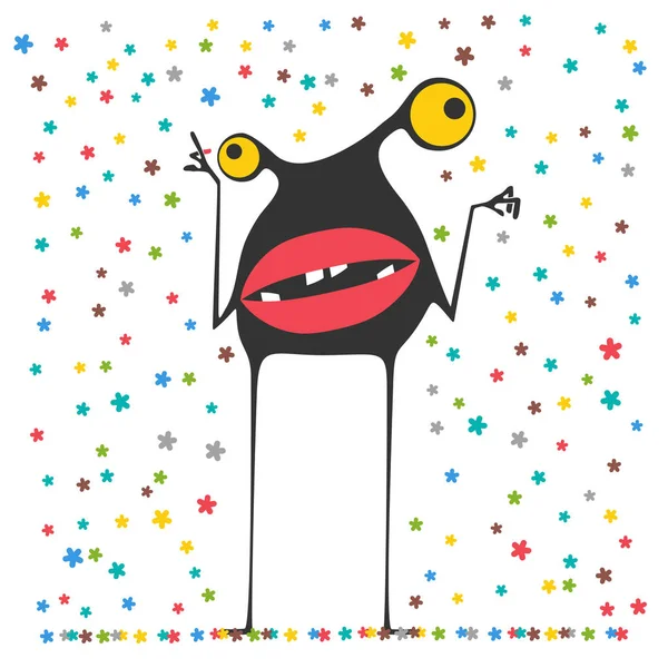 Cute monster is looking at falling color snowflakes. Vector Graphics